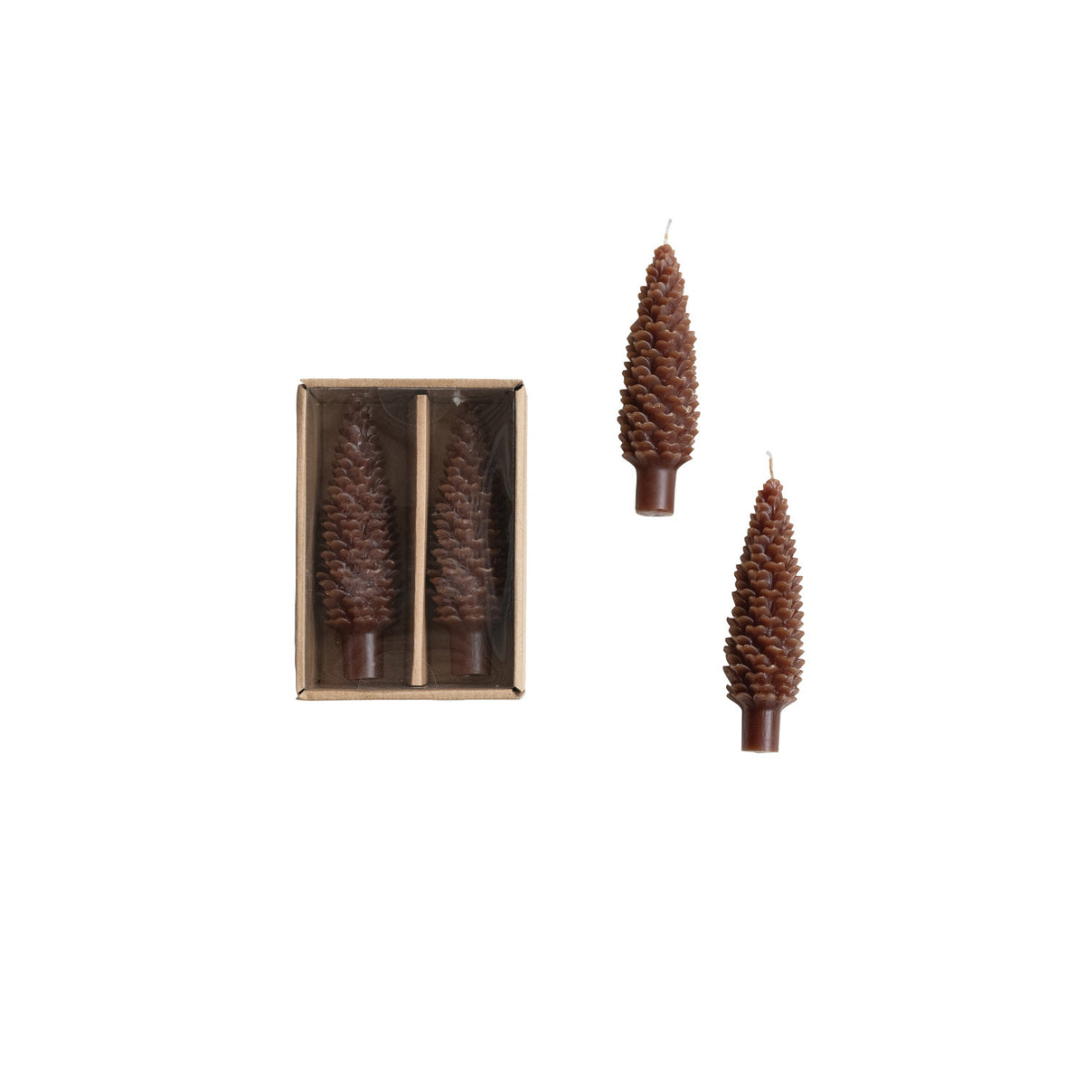 Unscented Pinecone Shaped Taper Candles in Box, Brown, Set of 2