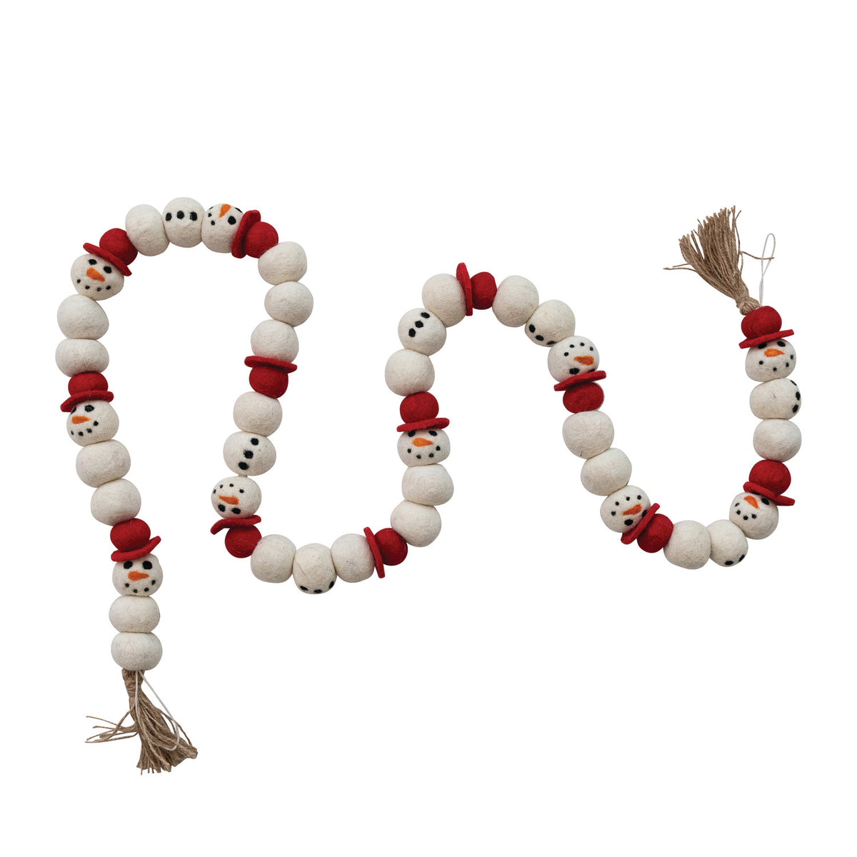 Handmade Wool Felt Snowman Garland with Jute Tassels