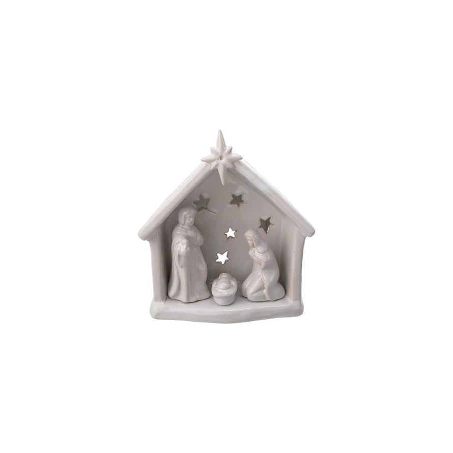 Stoneware Holy Family Tealight Holder with Star Cut-Outs, White