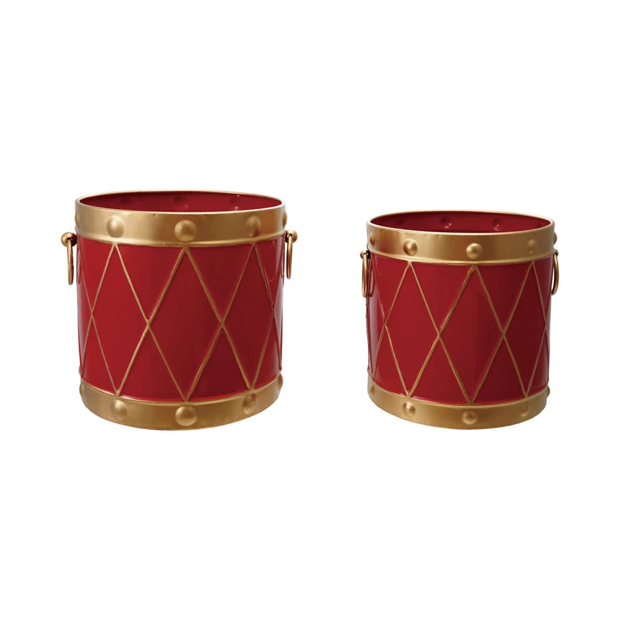 Metal Drum Shaped Buckets with Handles, Red & Gold Finish