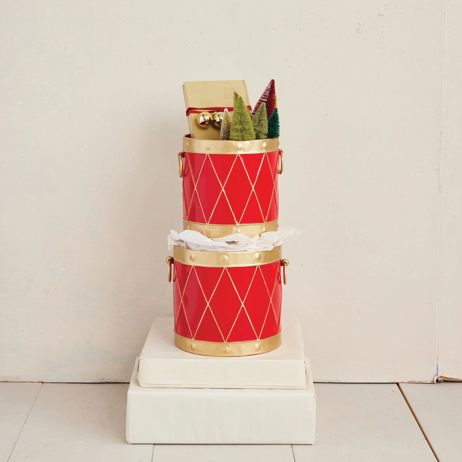 Metal Drum Shaped Buckets with Handles, Red & Gold Finish
