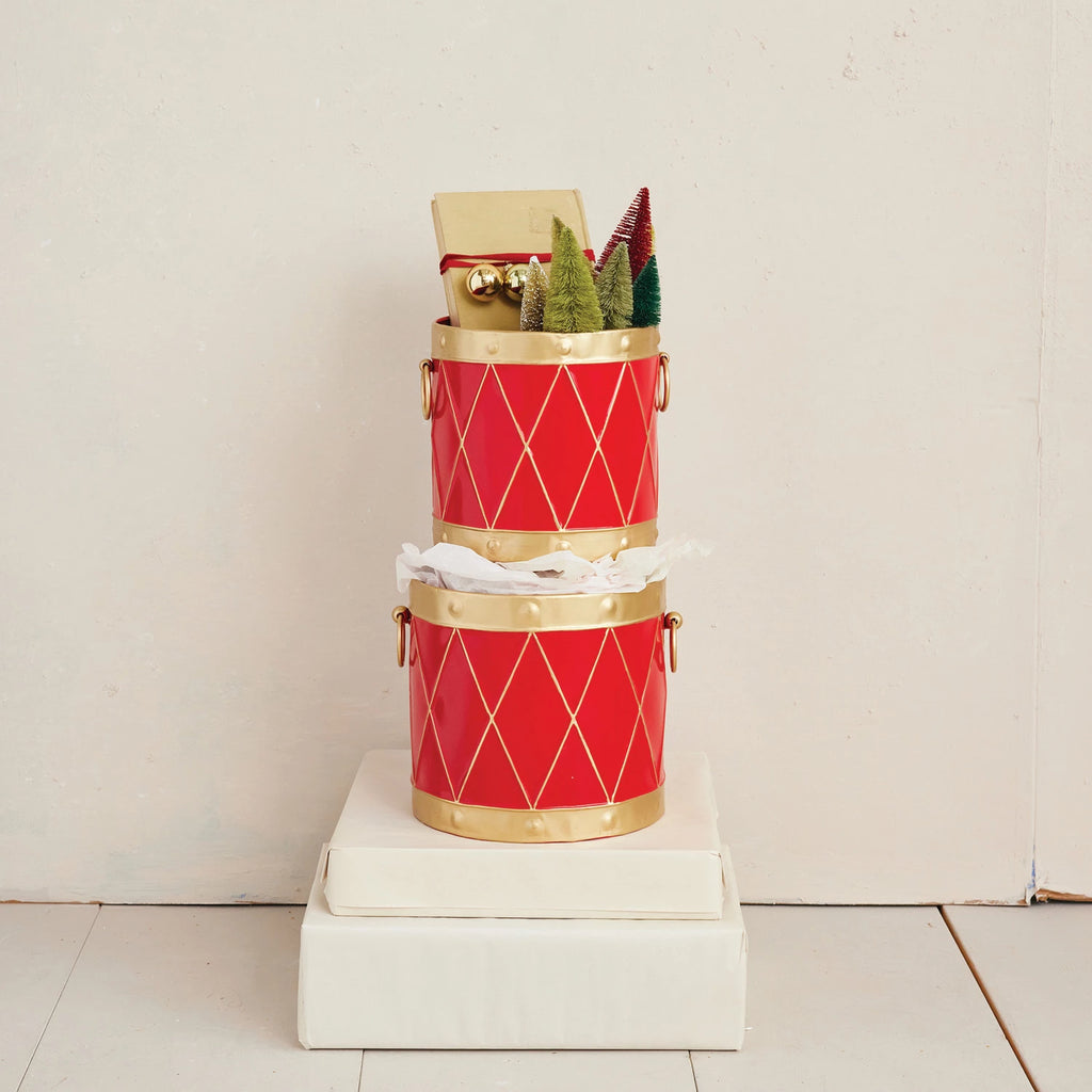Metal Drum Shaped Buckets with Handles, Red & Gold Finish