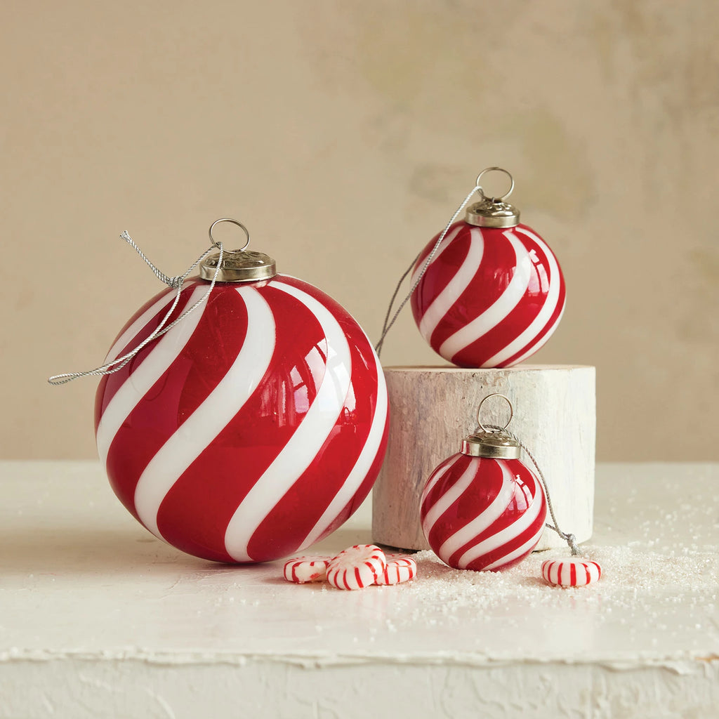 Hand-Blown Glass Ball Ornament with Swirled Stripes, Red & White