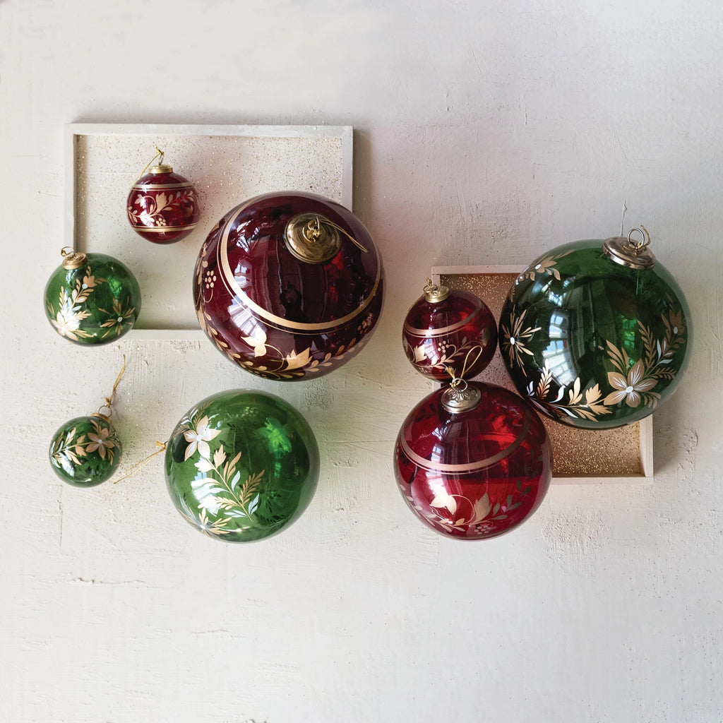 Hand-Painted Glass Ball Ornament with Botanicals, Red & Gold Finish