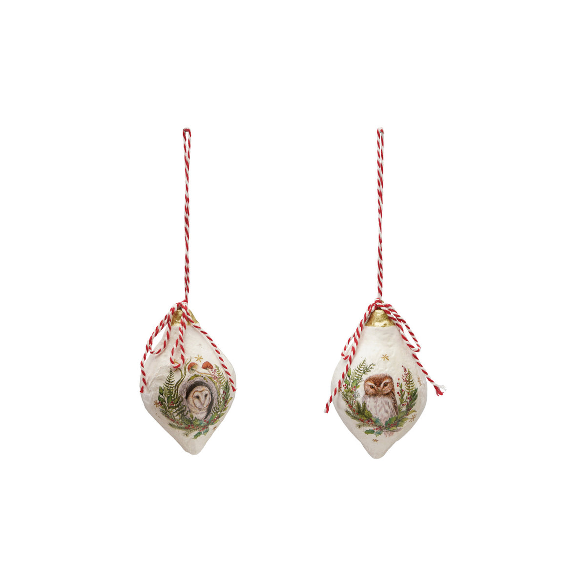 Metal & Paper Mache Ornament with Owl & Seasonal Botanicals, 2 Styles ©