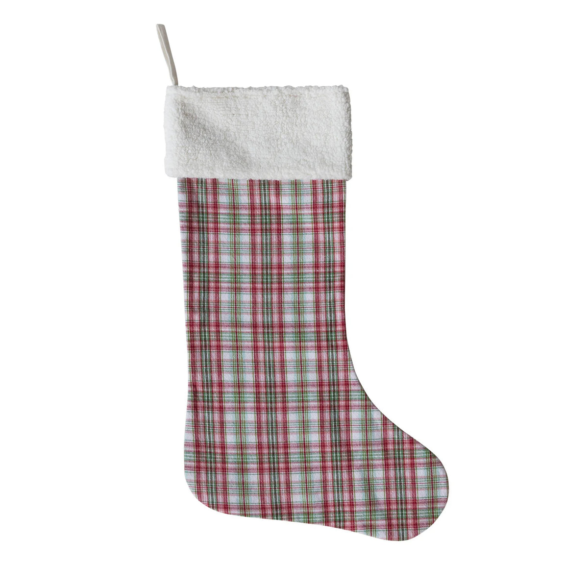 Woven Cotton 2-Sided Stocking with Plaid Pattern & Faux Sherpa Cuff & White