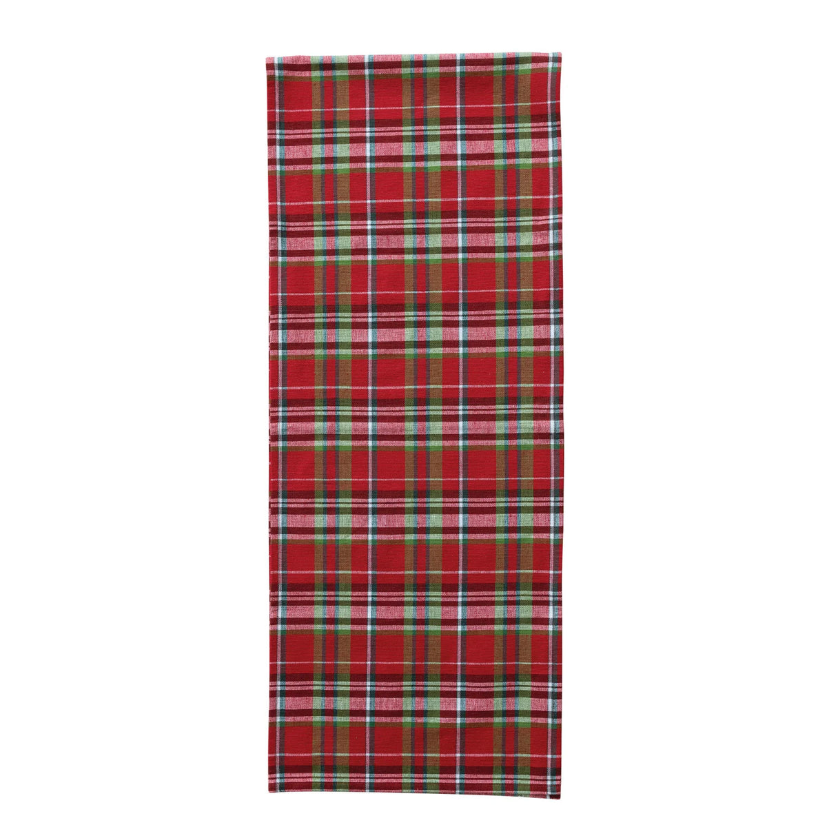 Woven Cotton Table Runner with Tartan Plaid Pattern, Roll Tied with Green Cotton Tape