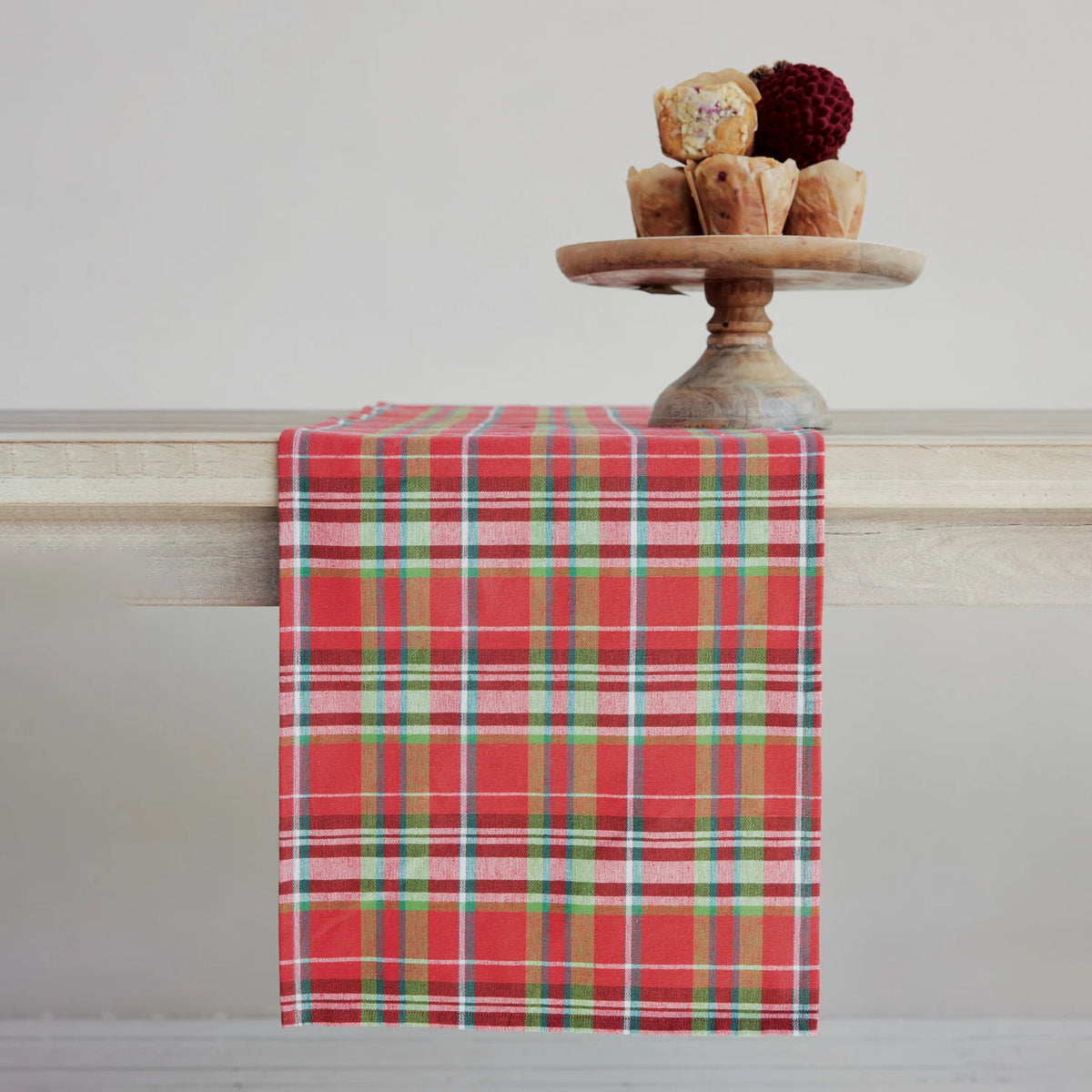 Woven Cotton Table Runner with Tartan Plaid Pattern, Roll Tied with Green Cotton Tape