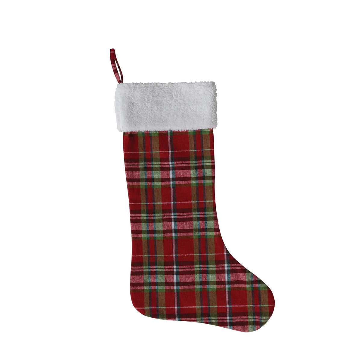 Woven Cotton Stocking with Tartan Plaid Pattern & Faux Sherpa Cuff & White
