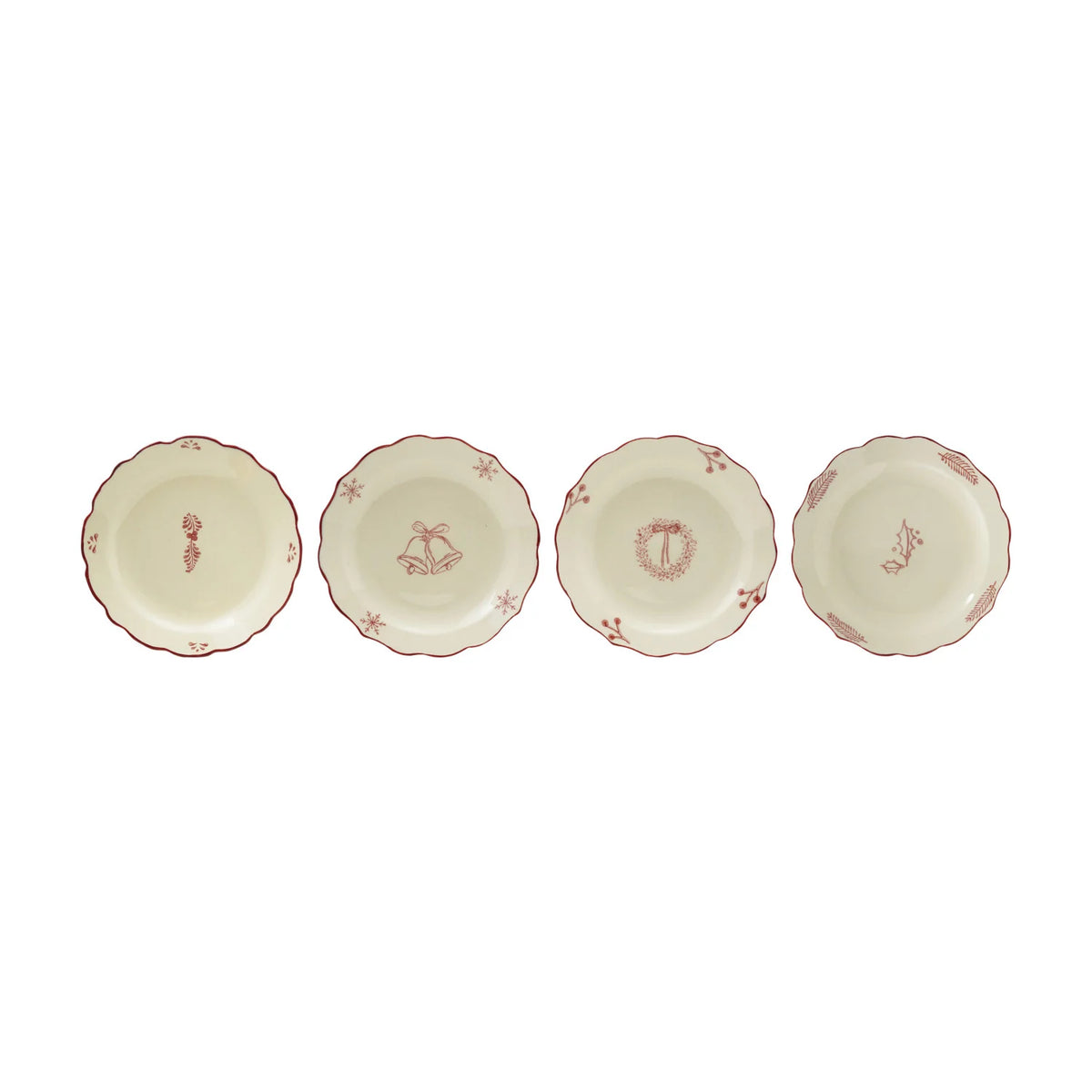 Stoneware Scalloped Plate with Holiday Image & Colored Rim, White & Burgundy