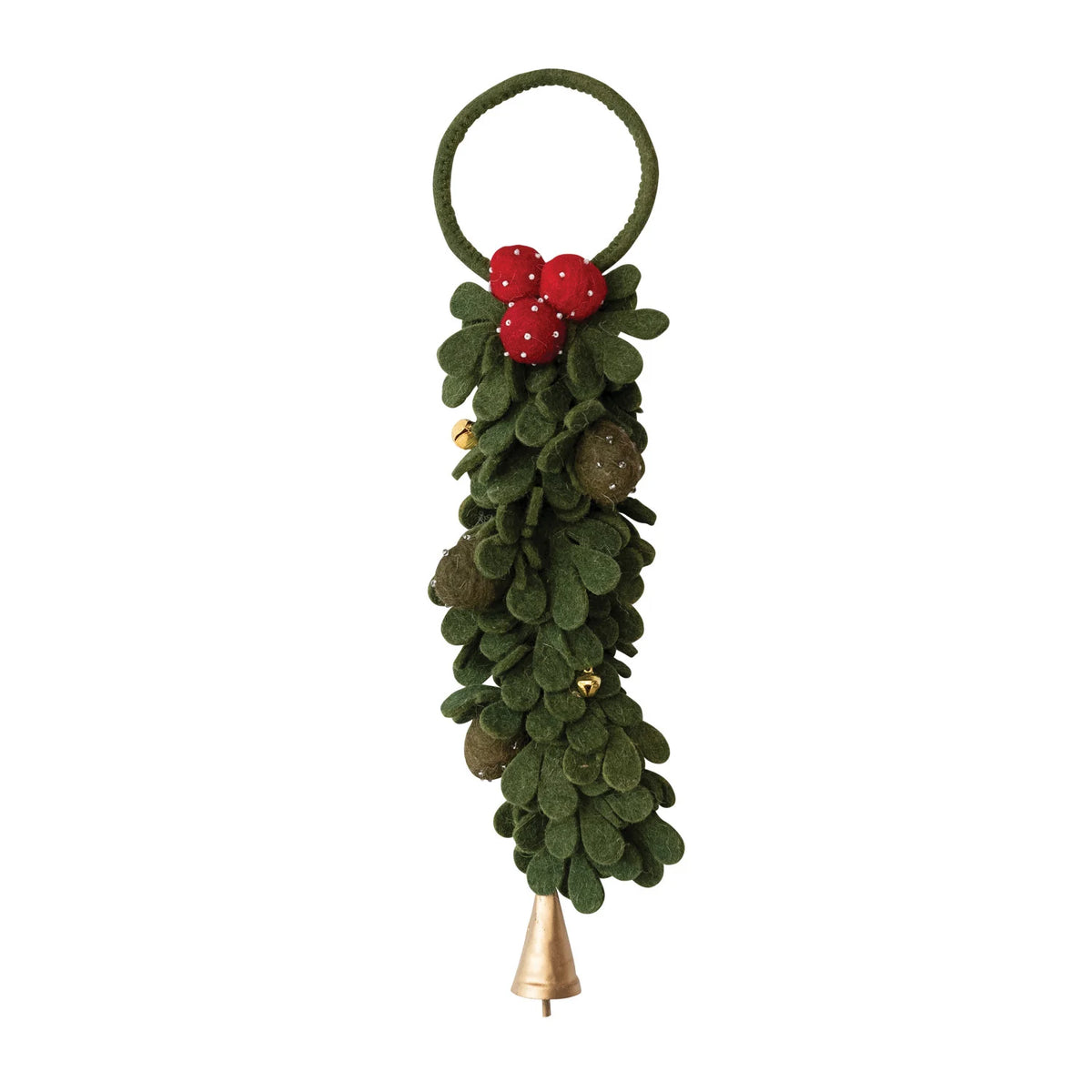 Handmade Wool Felt Leaves Door Hanger with Berries, Jingle Bells & Beads, Green, Red