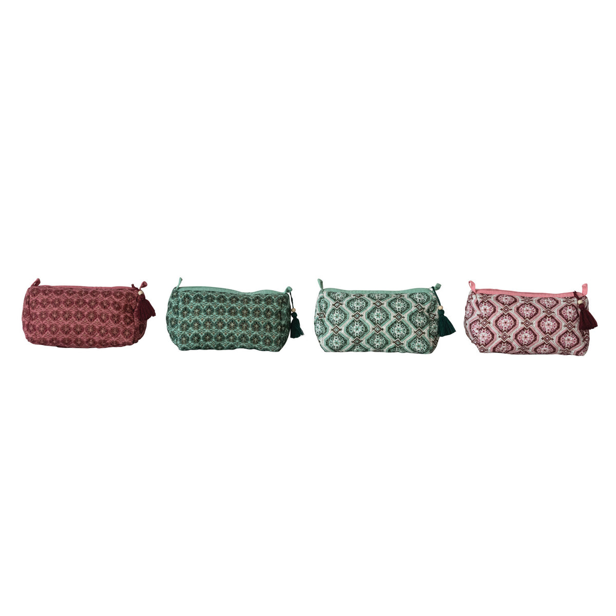 Cotton Slub Block Printed Zip Pouch with Tassel, Wood Bead & Interior Lining, 4 Styles