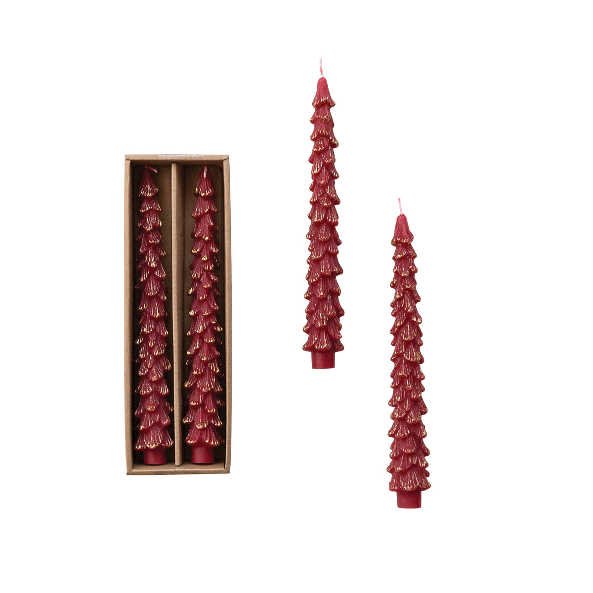 Unscented Tree Shaped Taper Candles with Gold Tips in Box, Burgundy, Set of 2