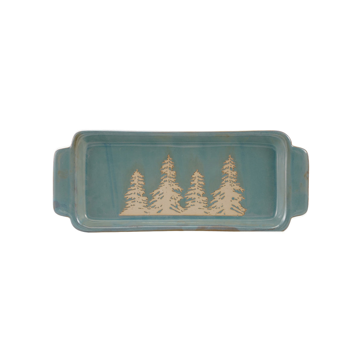 Stoneware Tray with Handles & Wax Relief Trees, Blue