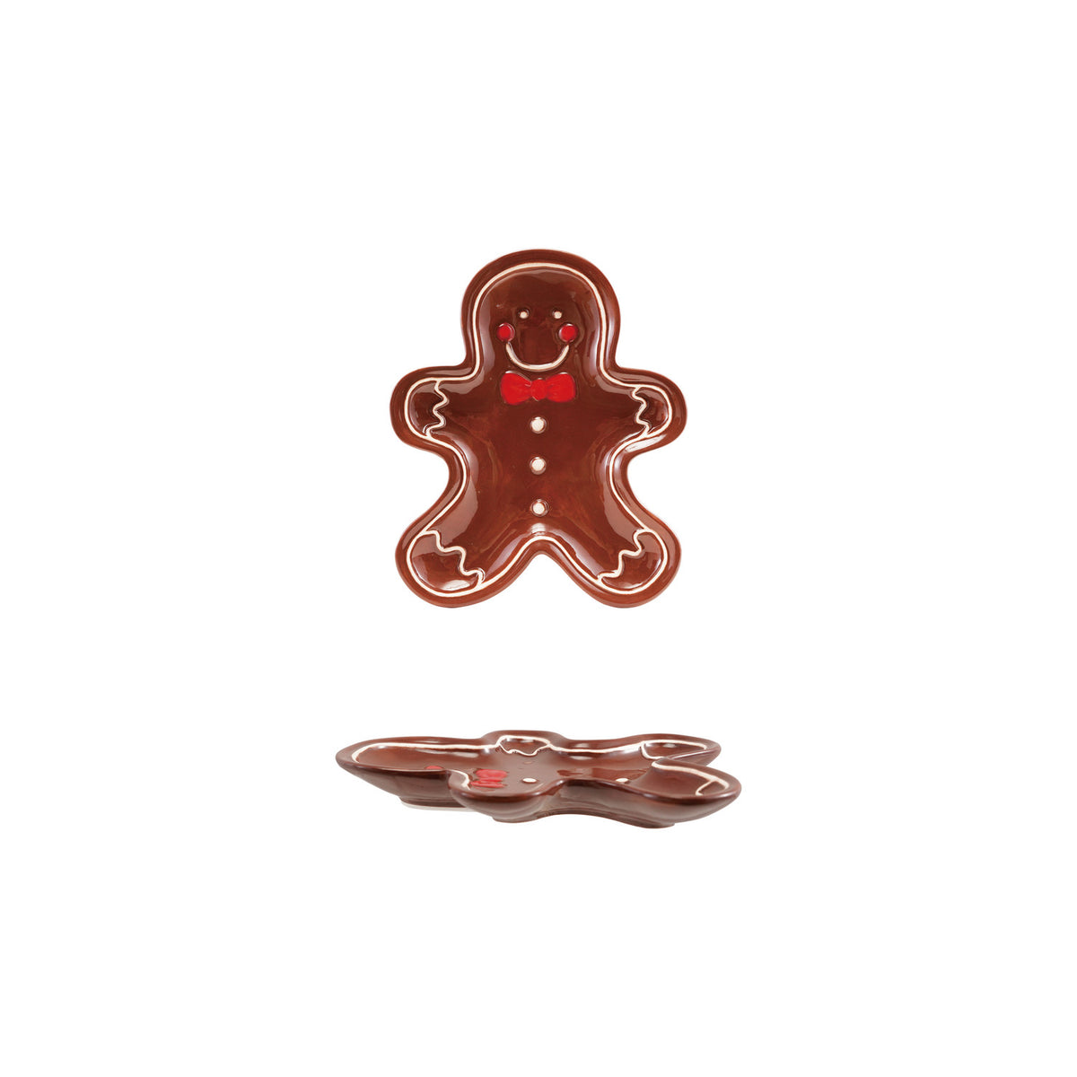 Hand-Painted Ceramic Gingerbread Shaped Dish, Brown, White & Red