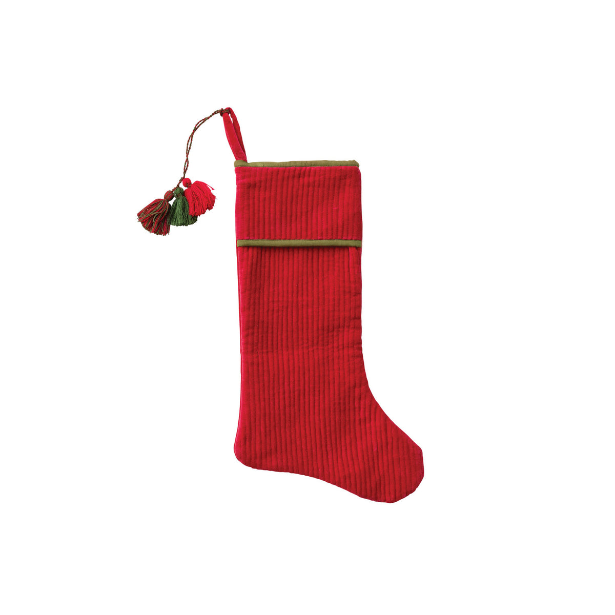 Cotton Velvet Quilted Stocking with Tassels, Red & Green