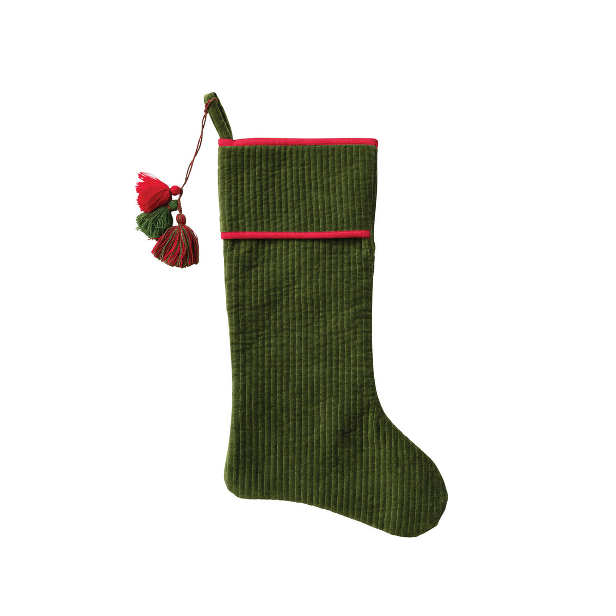 Cotton Velvet Quilted Stocking with Tassels, Green & Red