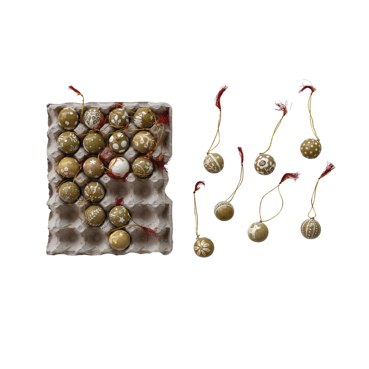 Hand-Painted Paper Mache Ball Ornaments with Design & Tassel in Egg Crate