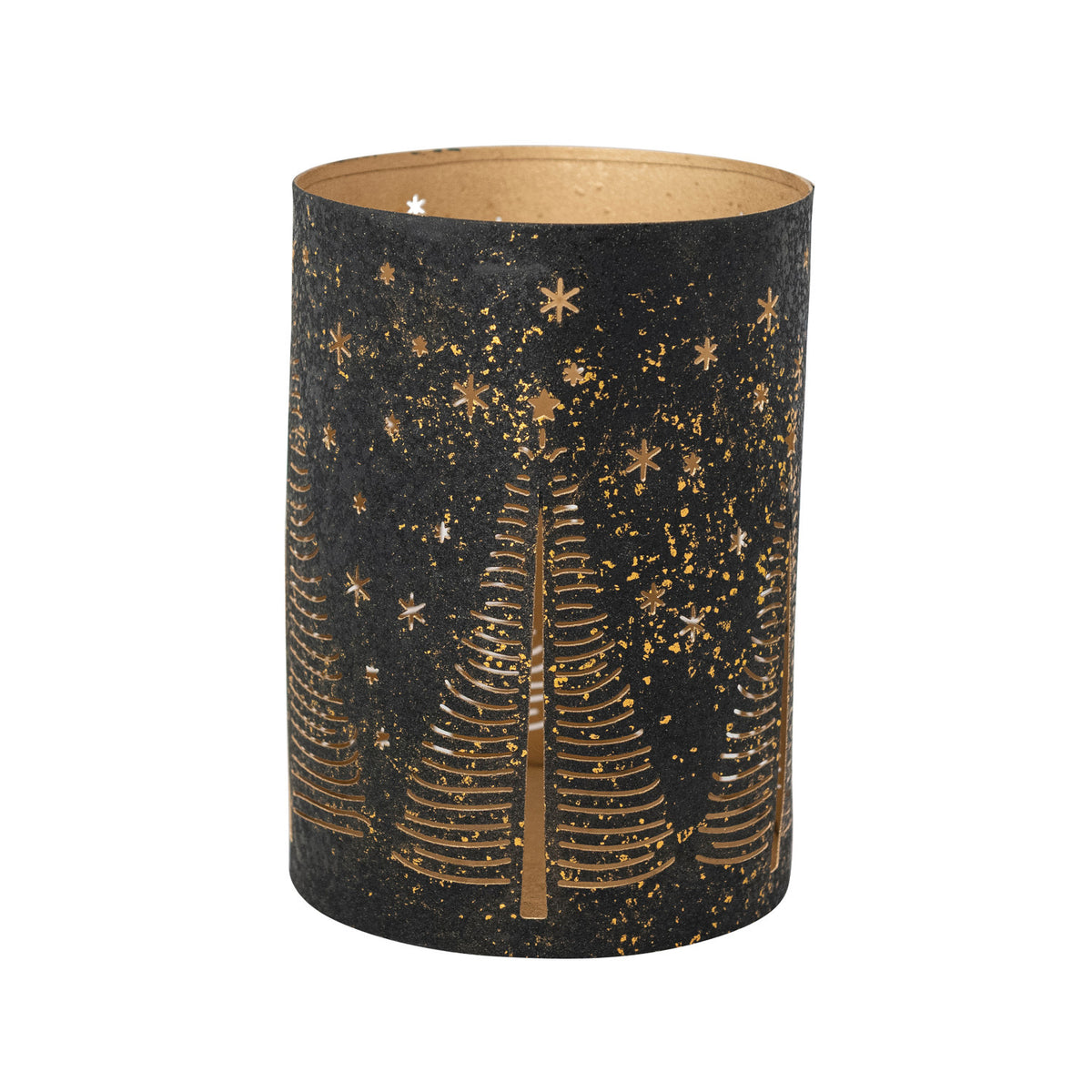 Textured Metal Hurricane with Laser Cut Stars & Trees, Black & Gold Finish