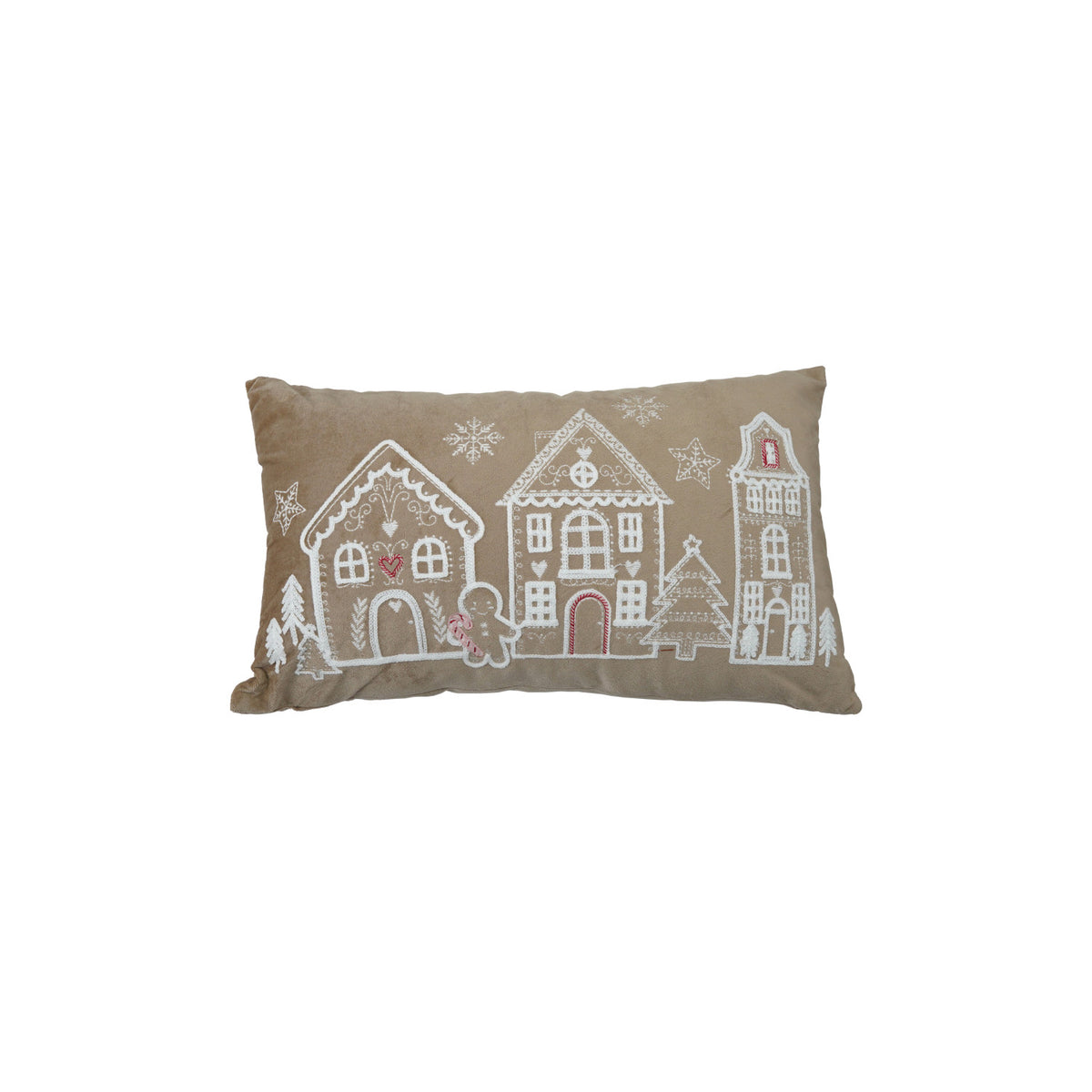 Velvet Lumbar Pillow with Embroidered Gingerbread Scene, Brown & White