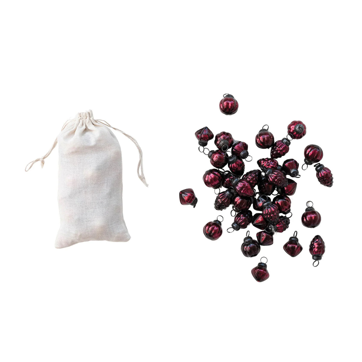 Embossed Mercury Glass Ornaments in Muslin Bag, Burgundy, Set of 36