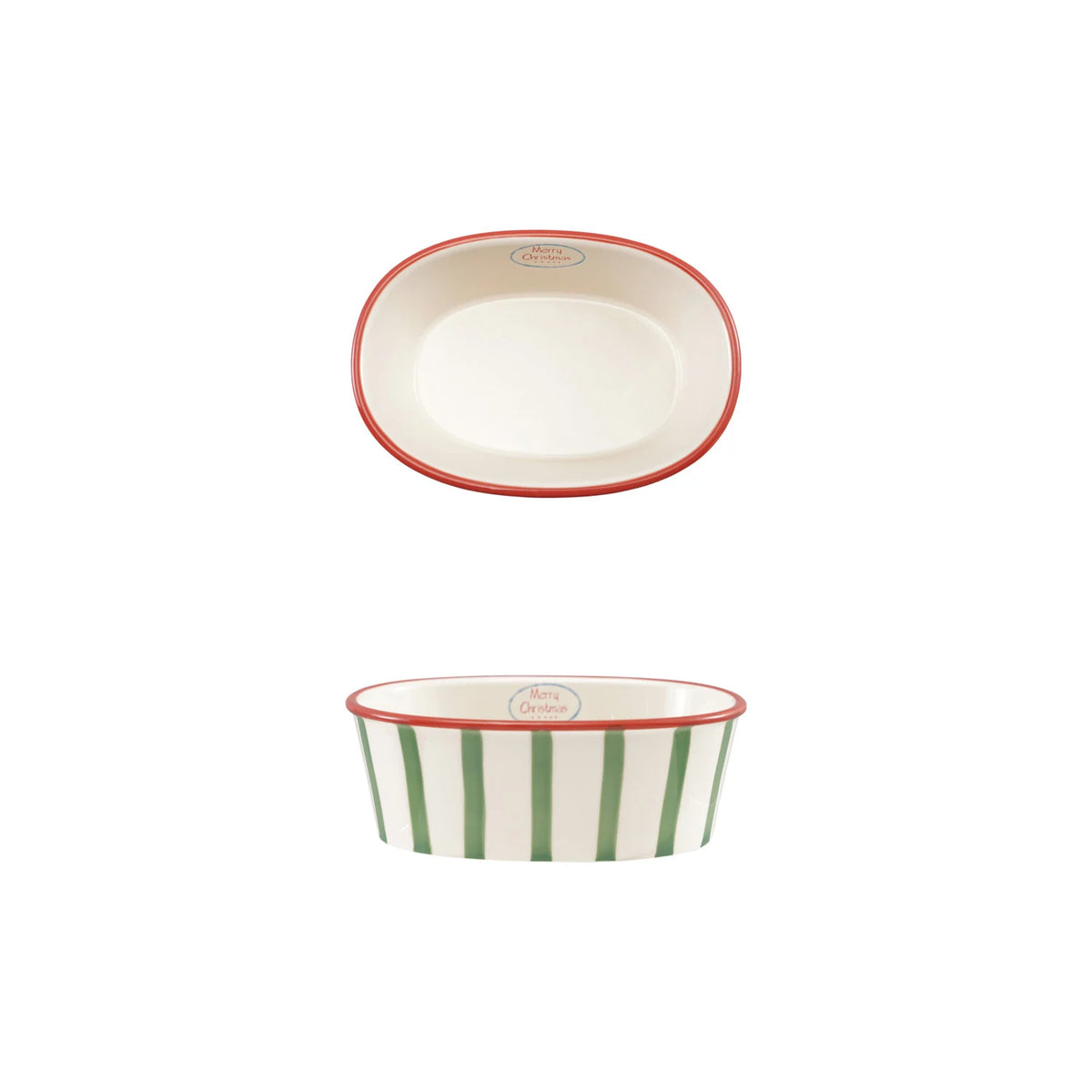 2 Quart Oval Stoneware Striped Baker "Merry Christmas"