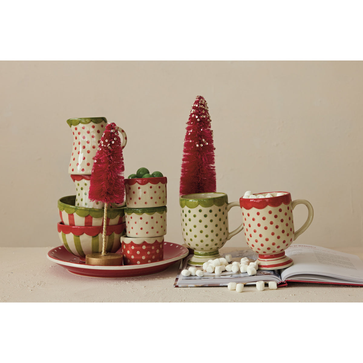 6 oz. Hand-Painted Stoneware Creamer with Polka Dots & Scalloped Rim, 2 Colors