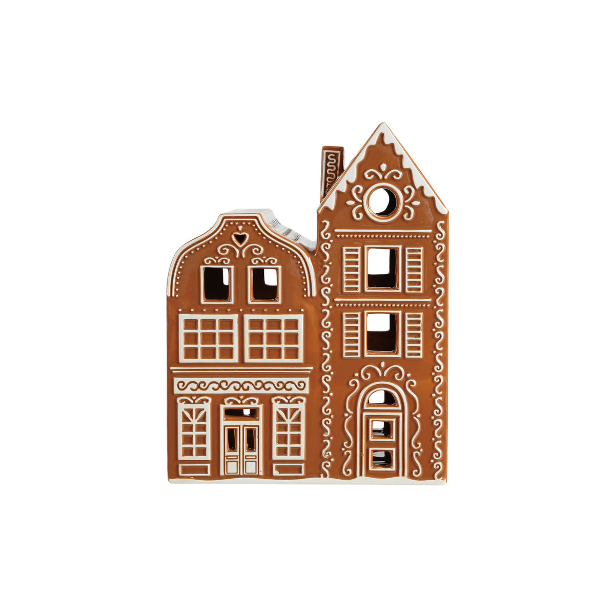 Hand-Painted Ceramic Gingerbread House with Embossed Design, Brown & White