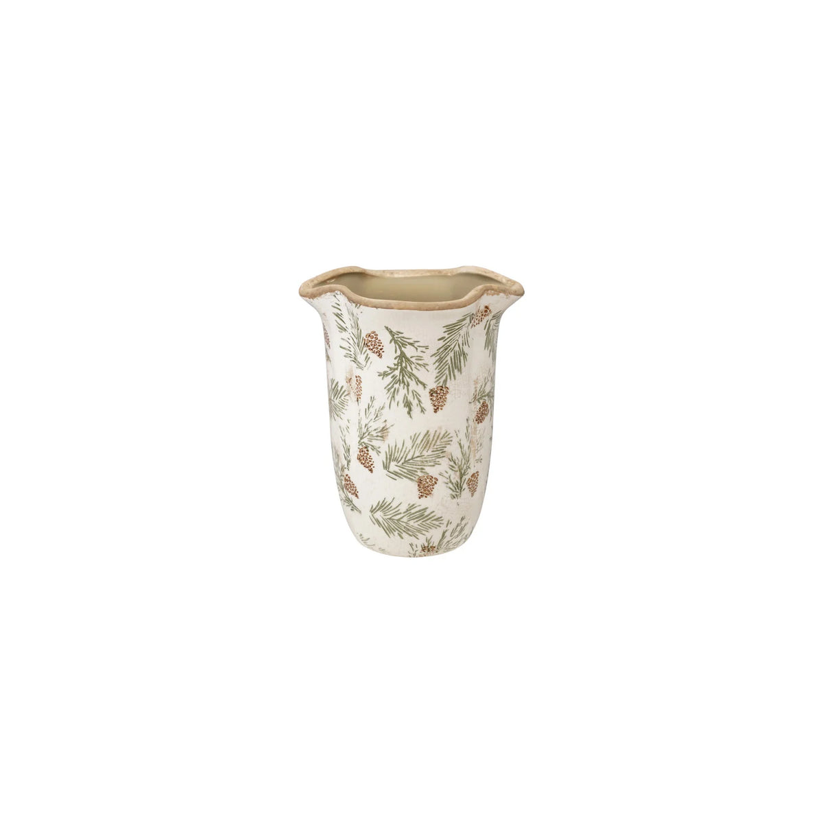 Stoneware Scalloped Planter/Vase with Transferware Pine Bough Pattern