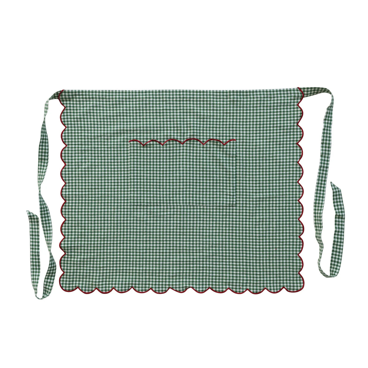 Woven Cotton Scalloped Half Apron, Contrasting Stitched Edge & Pocket