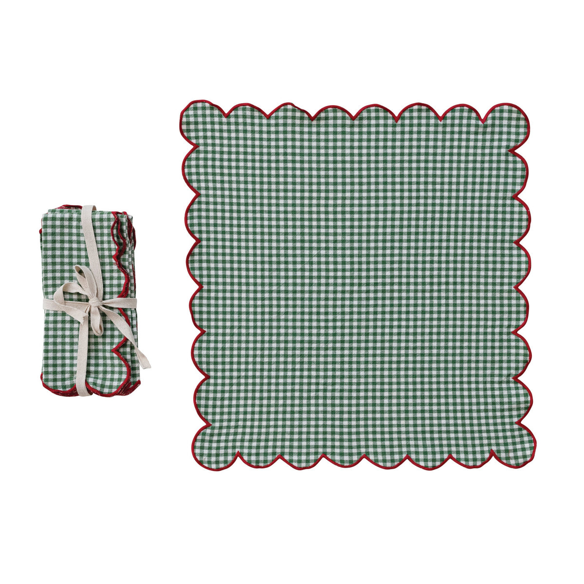 Cotton Scalloped Napkins & Contrasting Stitched Edge, Set of 4 Tied with Cotton Tape