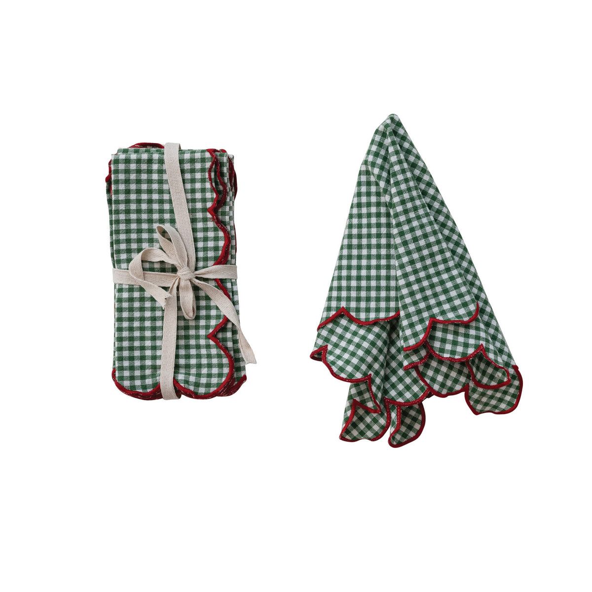 Cotton Scalloped Napkins & Contrasting Stitched Edge, Set of 4 Tied with Cotton Tape