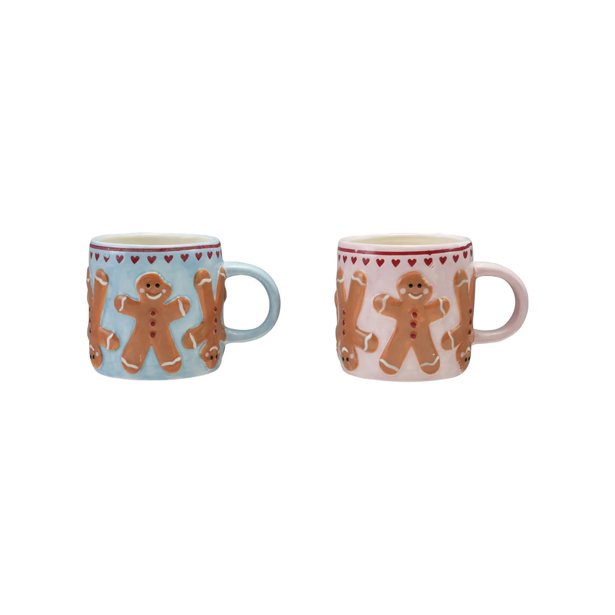 10 oz. Hand-Painted Stoneware Mug with Wax Relief Gingerbread Pattern & Hearts, 2 Colors