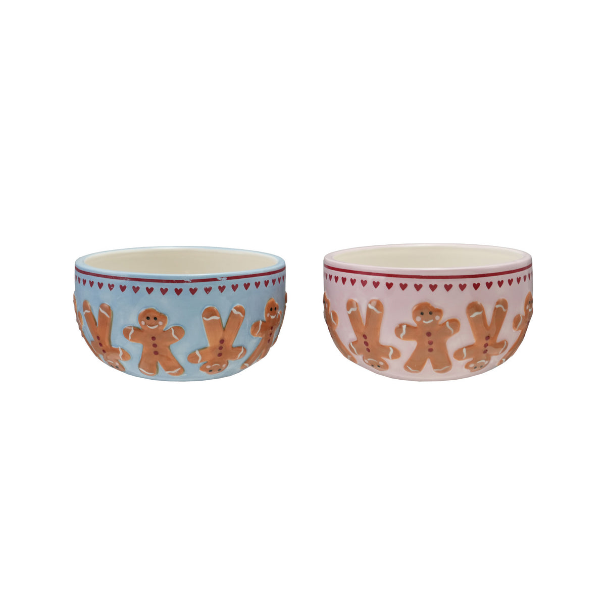 Hand-Painted Stoneware Bowl with Wax Relief Gingerbread Pattern & Hearts, 2 Colors