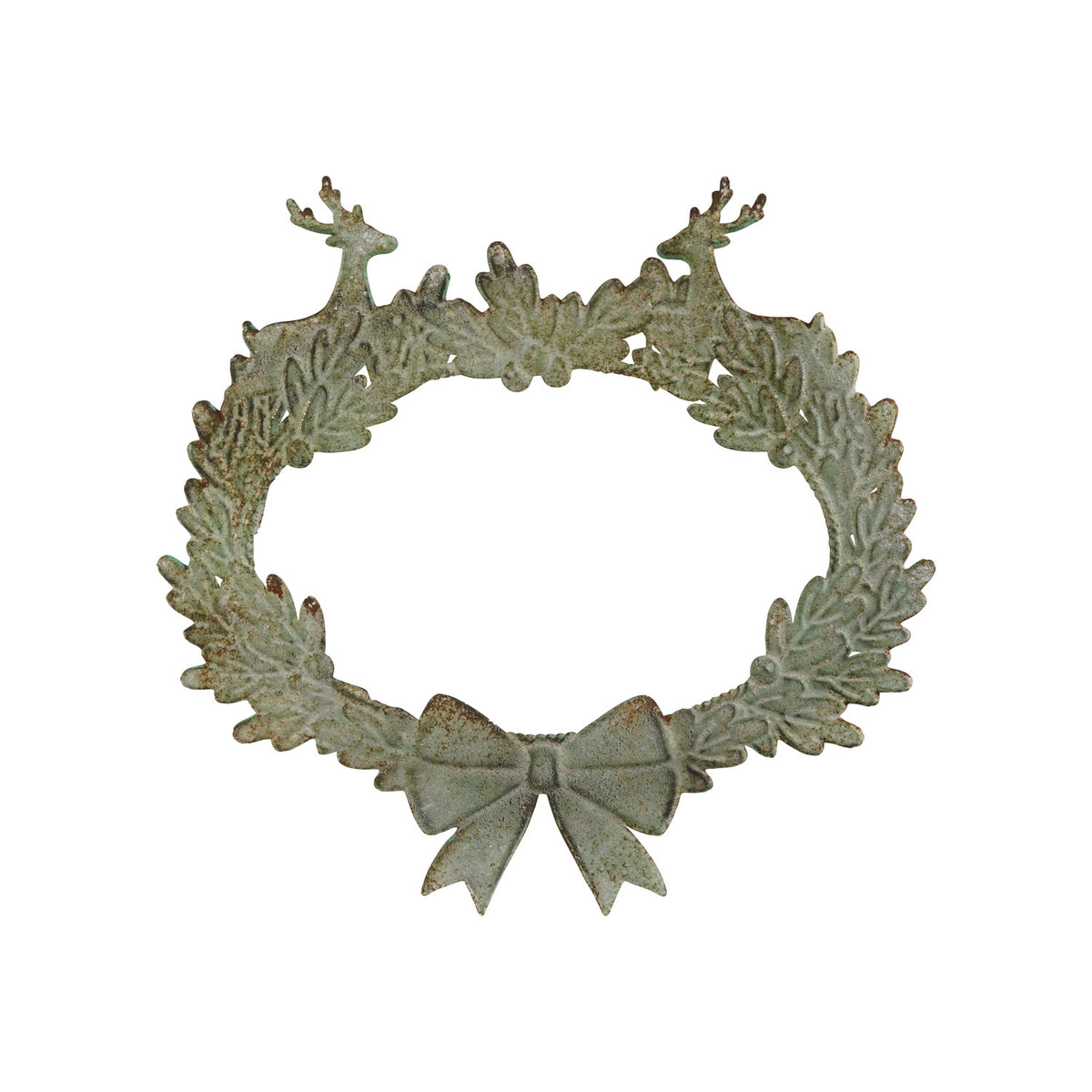 Embossed Metal Wreath Wall Decor with Deer & Bow, Distressed Patina Finish