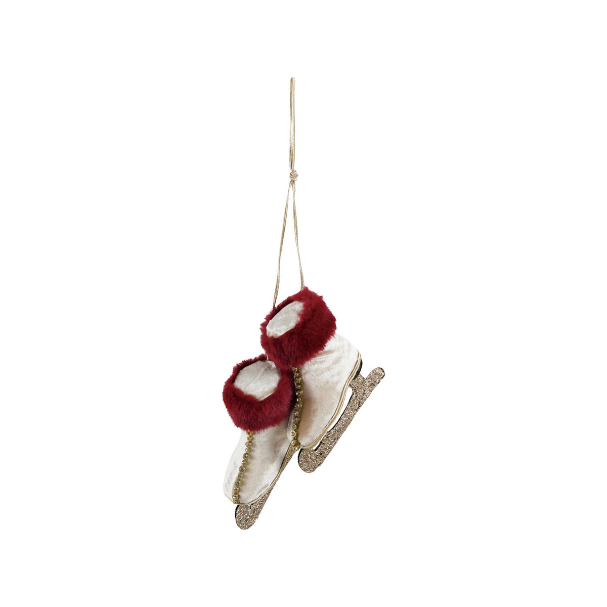 Foam & Fabric Ice Skates Ornament with Faux Fur, Jewels & Glitter, Pink, Red & Gold Finish