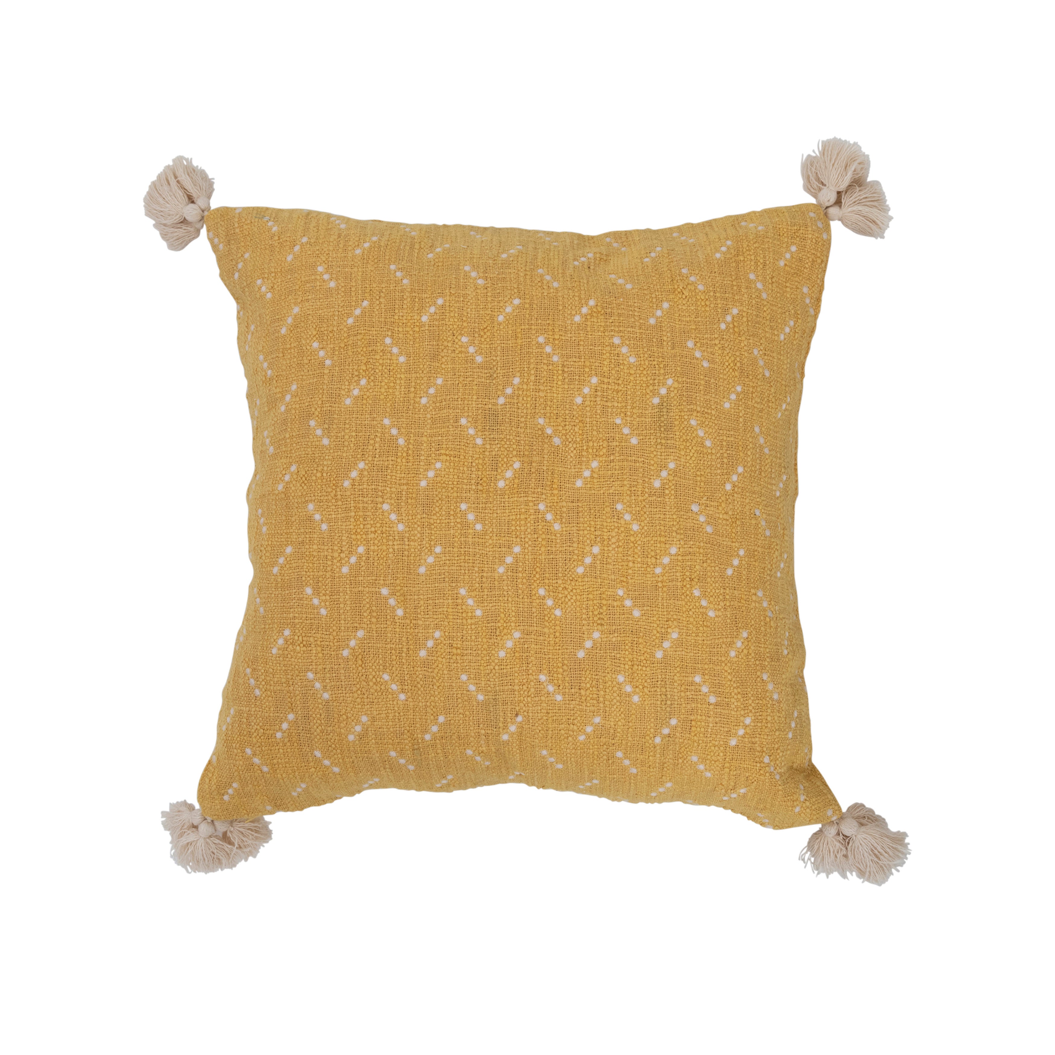 Yellow Slub Pillow with Embroidered Dots and Tassels