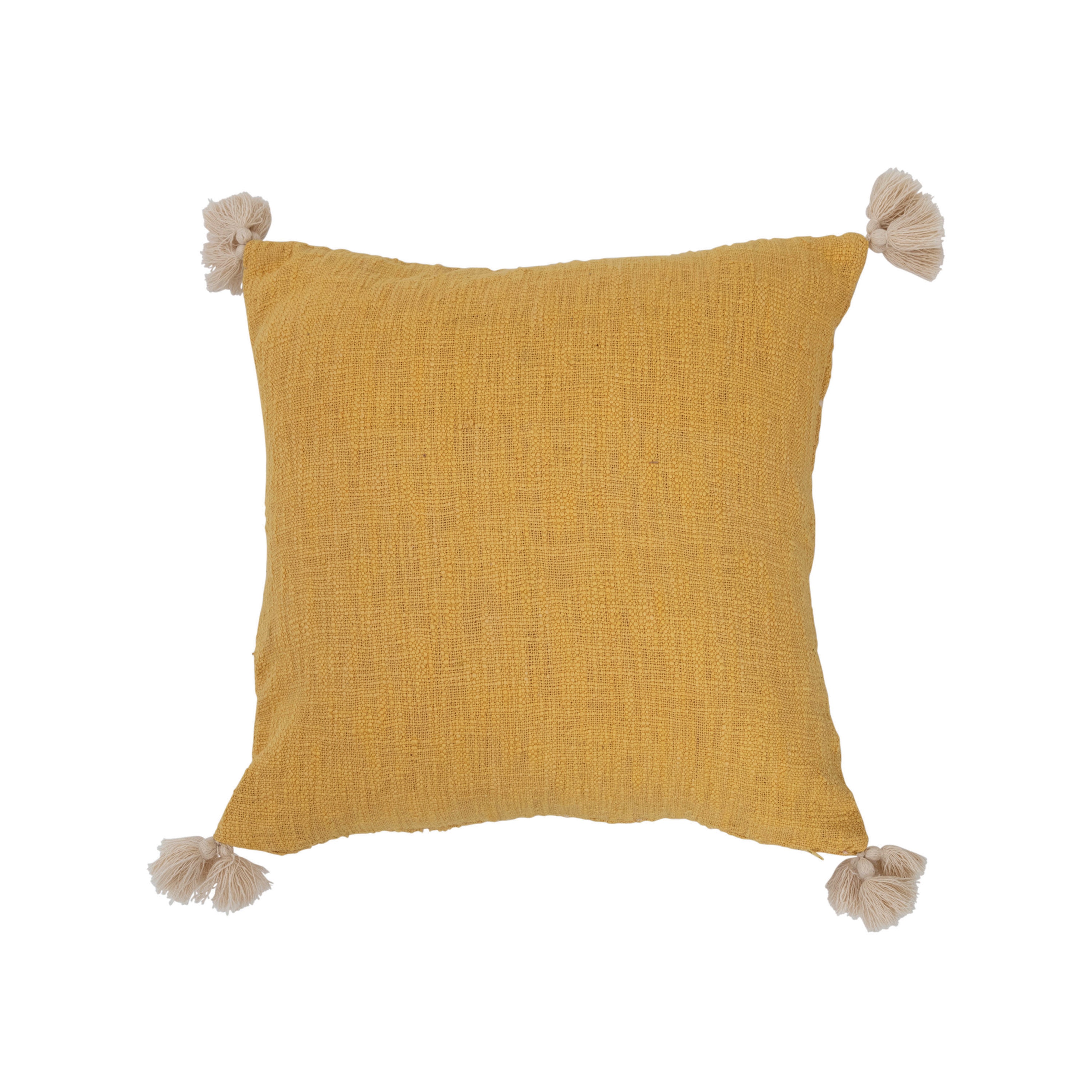 Yellow Slub Pillow with Embroidered Dots and Tassels