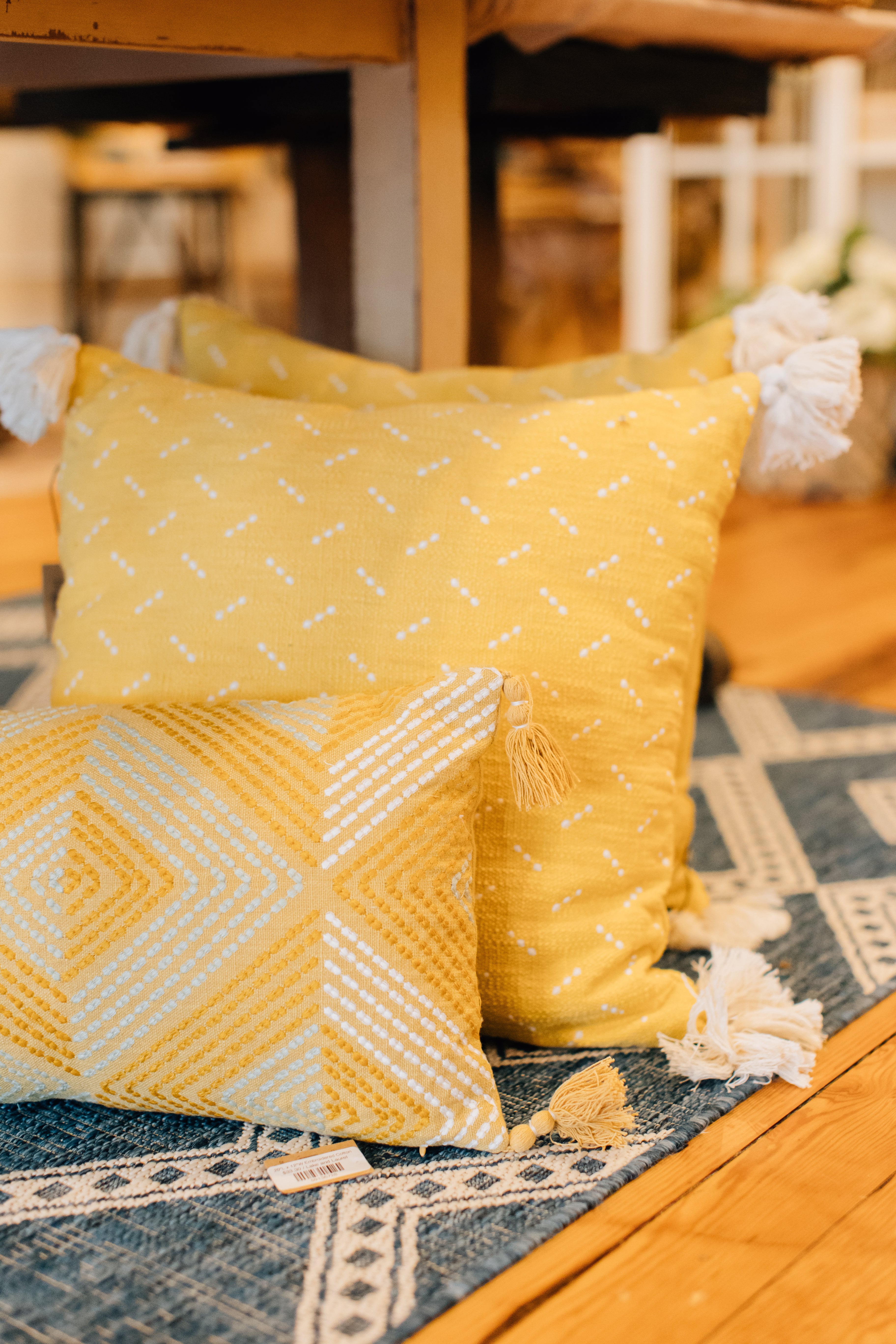 Yellow Slub Pillow with Embroidered Dots and Tassels