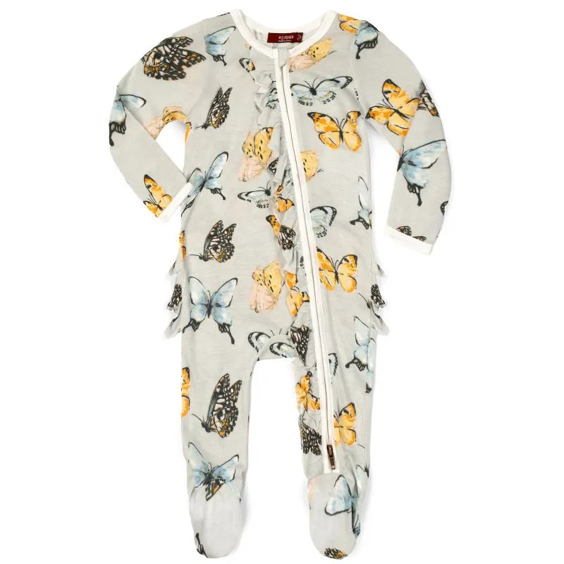 Butterfly Bamboo Ruffle Zipper Footed Romper - Milkbarn