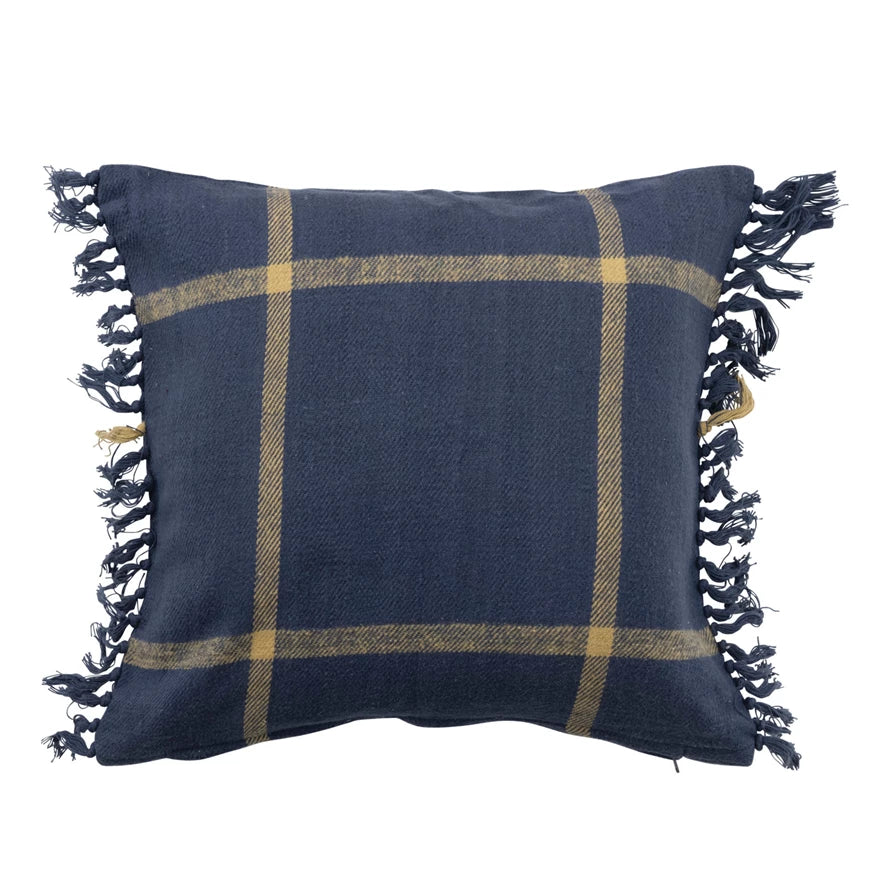 Navy Flannel Plaid Pillow with Fringe