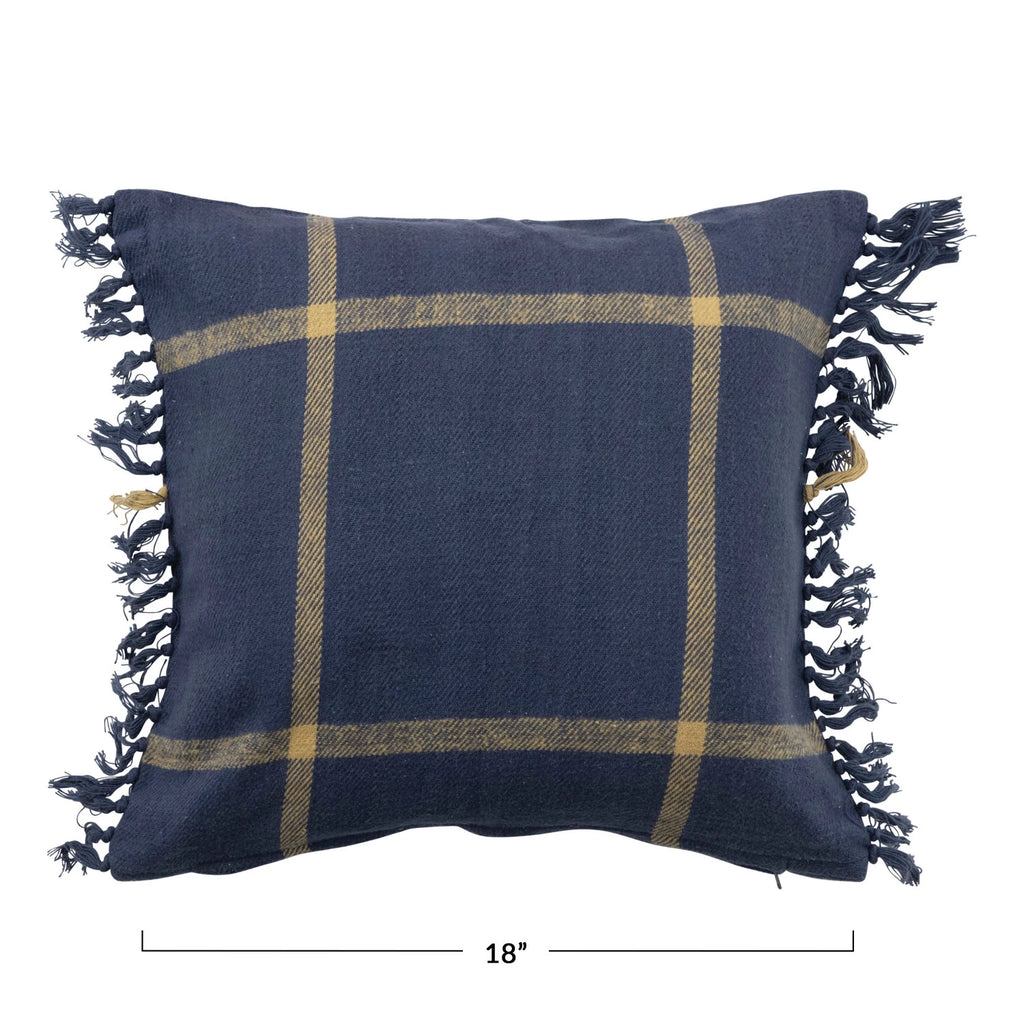 Navy Flannel Plaid Pillow with Fringe