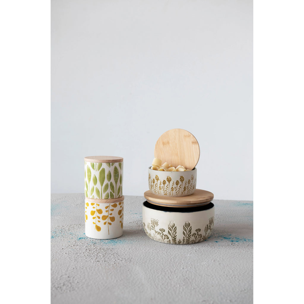 Stoneware Jar with Bamboo Lid and Floral Print