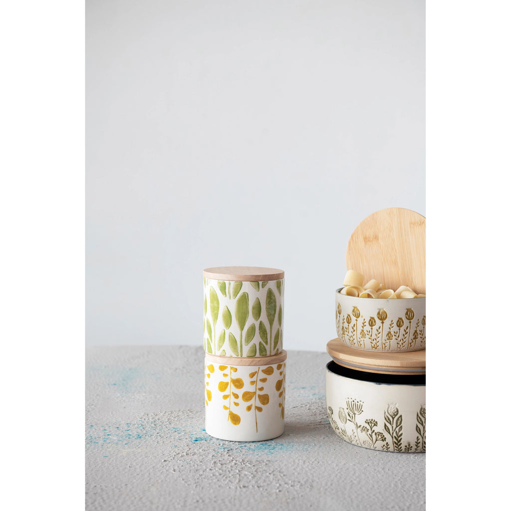 Stoneware Jar with Bamboo Lid and Floral Print